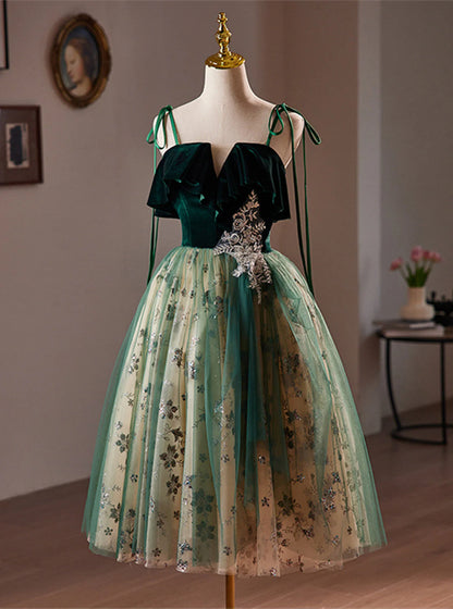 Green Tulle Knee Length Straps Homecoming Dress, Green Homecoming Dress TP1065