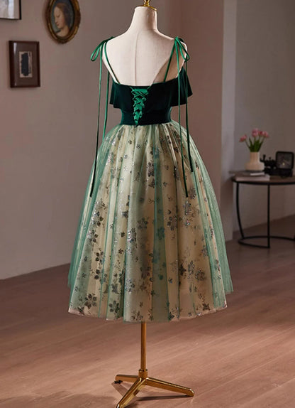 Green Tulle Knee Length Straps Homecoming Dress, Green Homecoming Dress TP1065