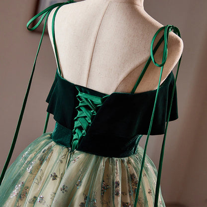 Green Tulle Knee Length Straps Homecoming Dress, Green Homecoming Dress TP1065