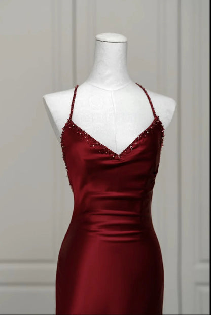 Wine Red Mermaid Backless Long Evening Dress, Wine Red Long Prom Dress TP1067