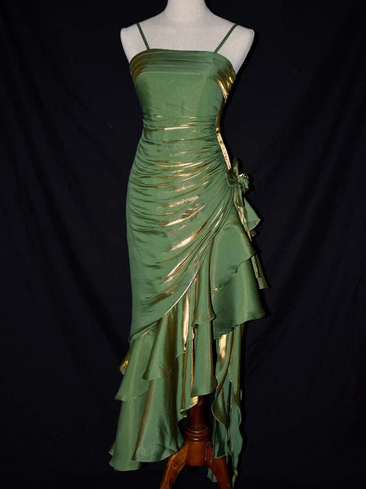 Green Satin Vintage Style High Low Party Dress, Mermaid Spaghetti Strap Dress Formal Dress TP1070