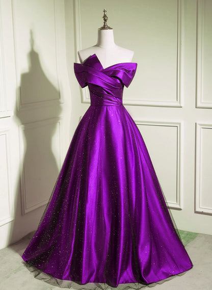 A-Line Off Shouolder Black And Purple Satin Party Dress, Long Prom Dress TP1071