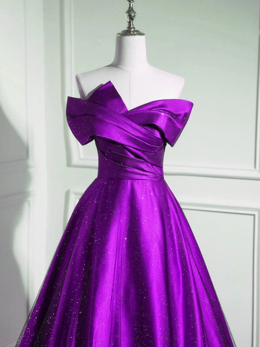 A-Line Off Shouolder Black And Purple Satin Party Dress, Long Prom Dress TP1071