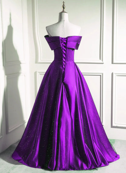 A-Line Off Shouolder Black And Purple Satin Party Dress, Long Prom Dress TP1071