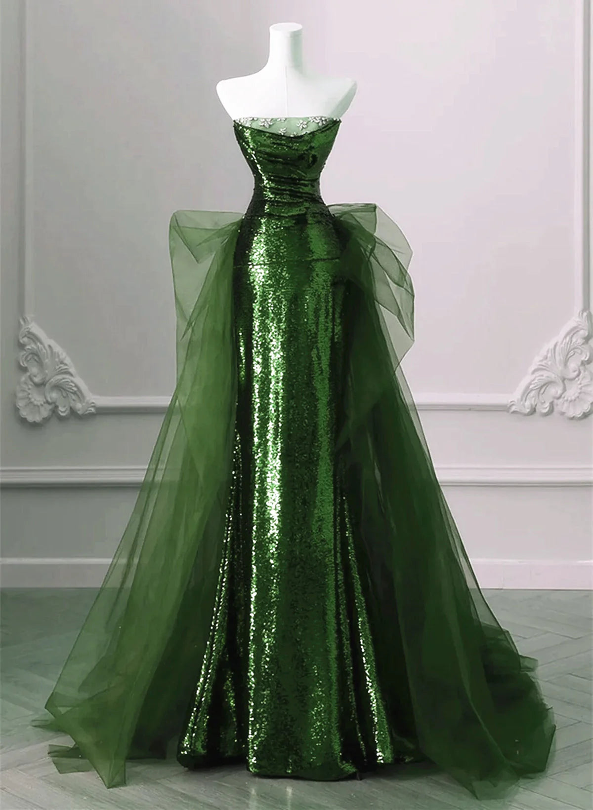 A-Line Green Sequins And Tulle Long Party Dress, Green Evening Dress Formal Dress TP1073