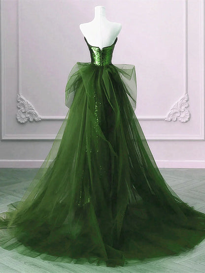A-Line Green Sequins And Tulle Long Party Dress, Green Evening Dress Formal Dress TP1073