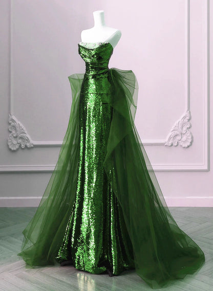 A-Line Green Sequins And Tulle Long Party Dress, Green Evening Dress Formal Dress TP1073
