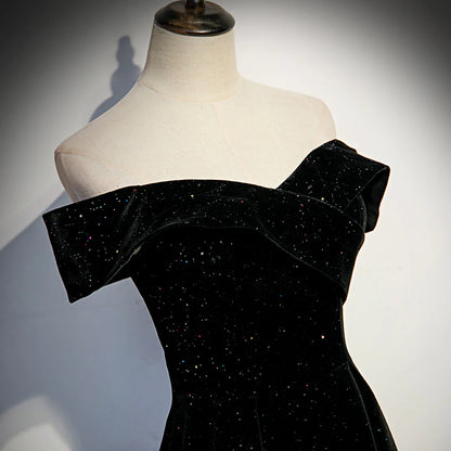 Simple Black Sweetheart Off Shoulder Long Velvet Prom Dress, Black Evening Dress TP1075