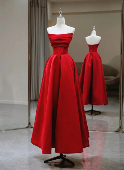 Red A-line Satin Scoop Long Prom Dress Party Dress, Red Satin Formal Dress TP1078