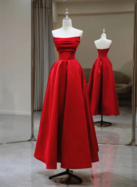 Red A-line Satin Scoop Long Prom Dress Party Dress, Red Satin Formal Dress TP1078