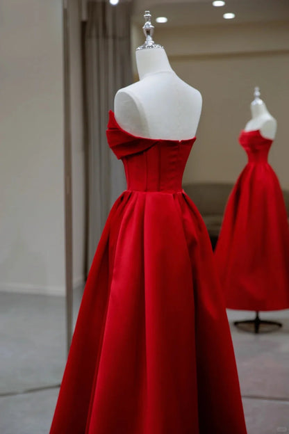 Red A-line Satin Scoop Long Prom Dress Party Dress, Red Satin Formal Dress TP1078