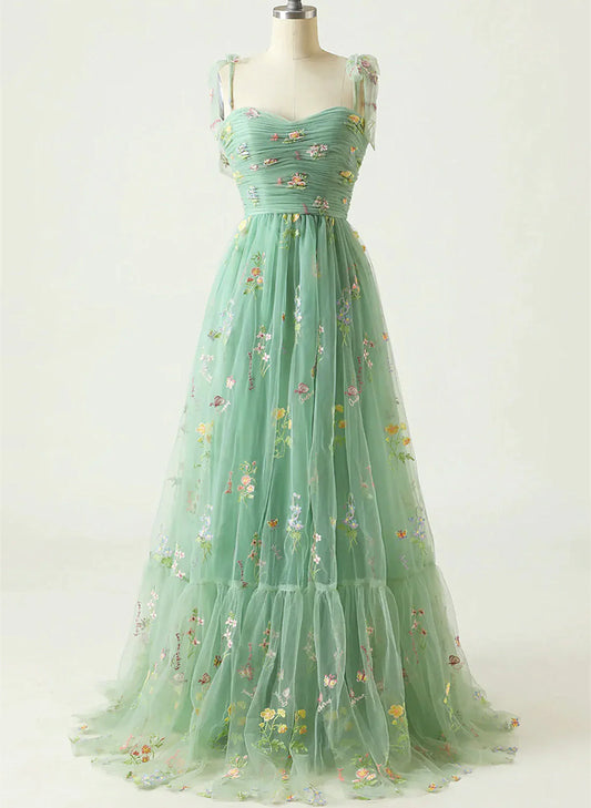 Pretty Green Floral Tulle Straps Long Party Dress, Green Long Prom Dress TP1079