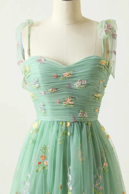 Pretty Green Floral Tulle Straps Long Party Dress, Green Long Prom Dress TP1079
