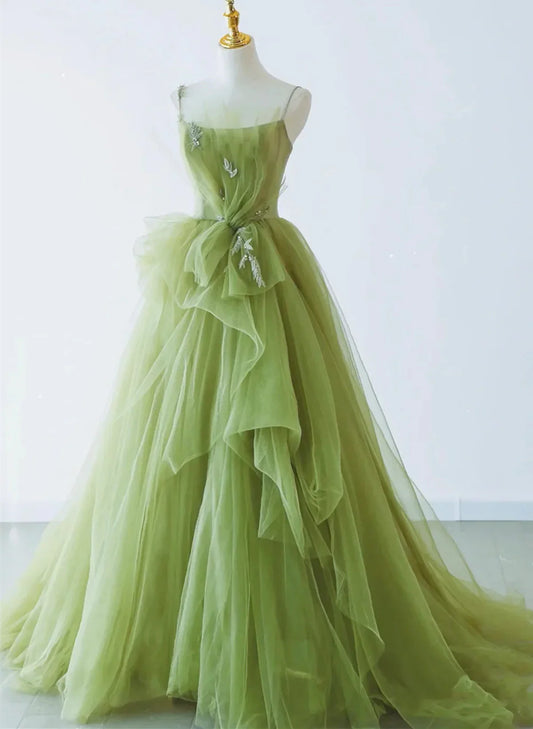 Elegant Green Tulle Straps Long Formal Dress, Green Tulle Evening Dress Party Dress TP1082