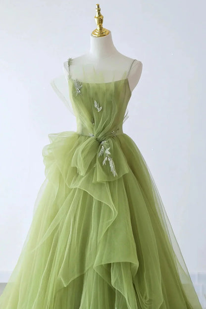 Elegant Green Tulle Straps Long Formal Dress, Green Tulle Evening Dress Party Dress TP1082