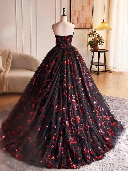 Black and Red Floral Tulle Long Party Dress, Strapless Formal Sweet 16 Dress TP1084