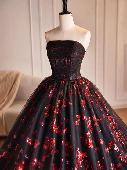 Black and Red Floral Tulle Long Party Dress, Strapless Formal Sweet 16 Dress TP1084