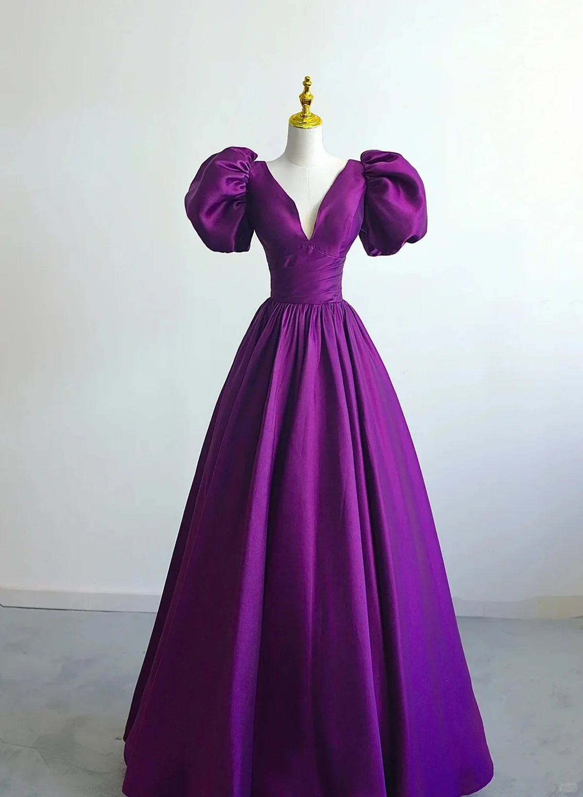 Purple Satin A-line Short Sleeves Long Formal Dress, Purple Prom Dress TP1088