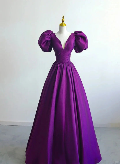 Purple Satin A-line Short Sleeves Long Formal Dress, Purple Prom Dress TP1088