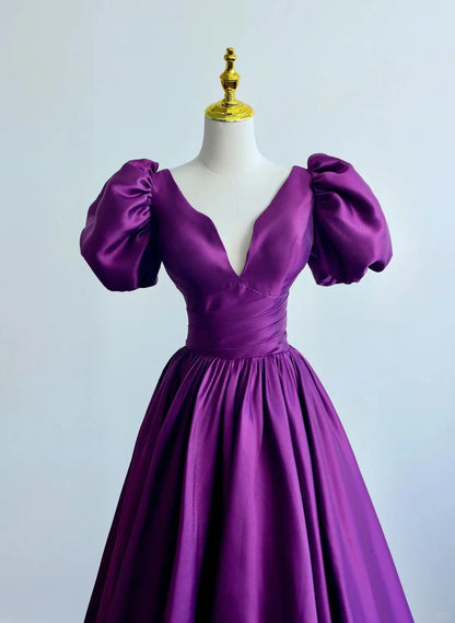 Purple Satin A-line Short Sleeves Long Formal Dress, Purple Prom Dress TP1088