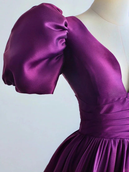 Purple Satin A-line Short Sleeves Long Formal Dress, Purple Prom Dress TP1088