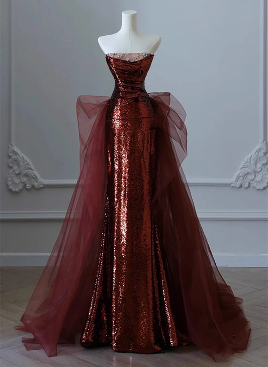 Glam Wine Red Sequins And Tulle Long Party Dress, Wine Red Evening Dress Prom Dress TP1091