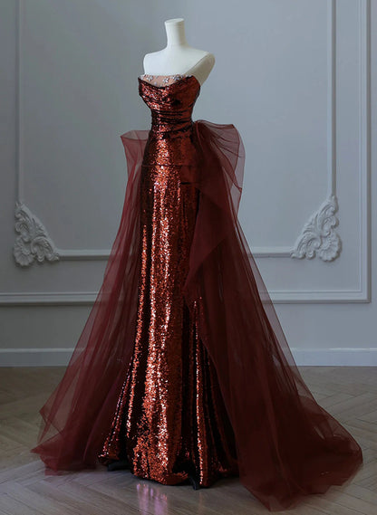Glam Wine Red Sequins And Tulle Long Party Dress, Wine Red Evening Dress Prom Dress TP1091