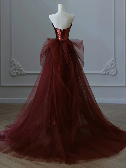Glam Wine Red Sequins And Tulle Long Party Dress, Wine Red Evening Dress Prom Dress TP1091