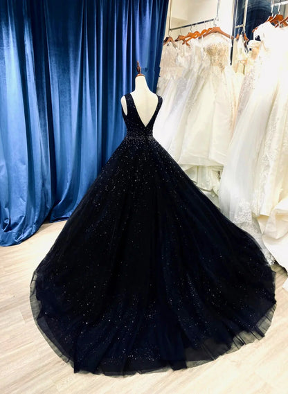 Black V-neckline Shiny Tulle Beaded Sweet 16 Dress, Black Formal Dress TP1092