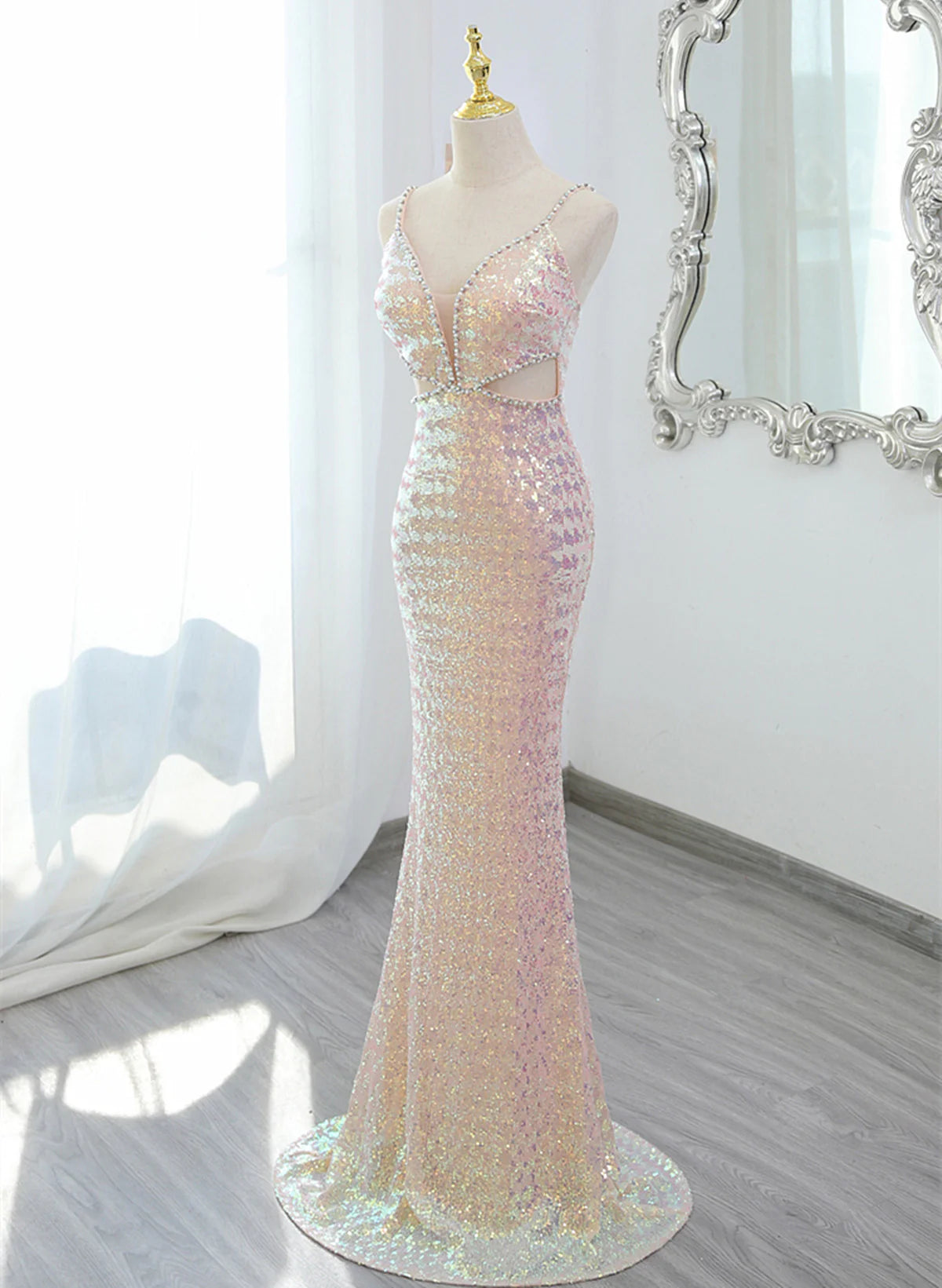 Lovely Sequins Mermaid Straps Long Party Dress, Sequins Mermaid Formal Dress TP1094