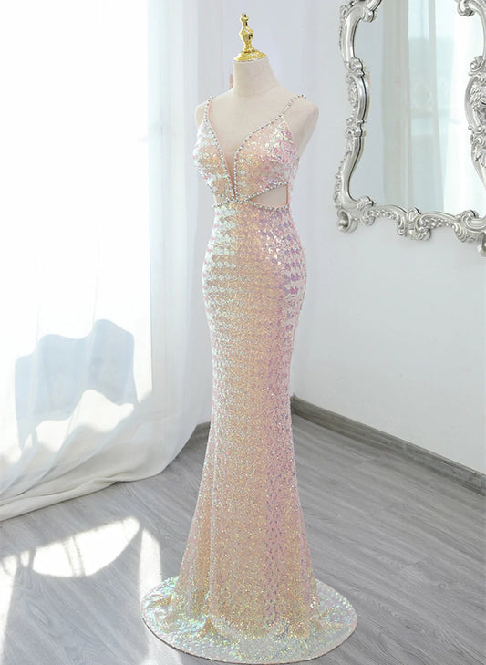 Lovely Sequins Mermaid Straps Long Party Dress, Sequins Mermaid Formal Dress TP1094