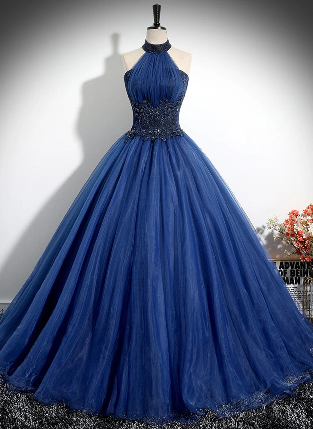 Navy Blue High Neckline Tulle Long Formal Dress, Navy Blue Ball Gown Party Dress TP1095