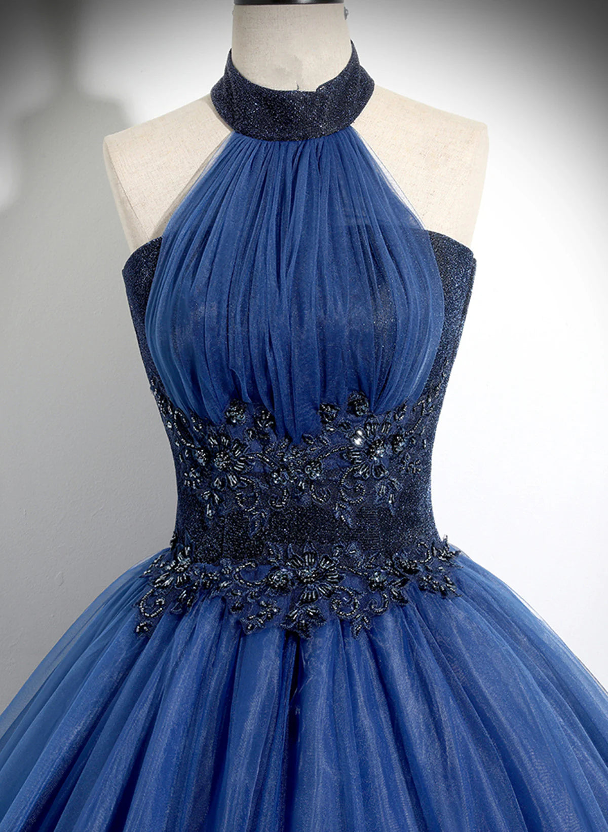 Navy Blue High Neckline Tulle Long Formal Dress, Navy Blue Ball Gown Party Dress TP1095