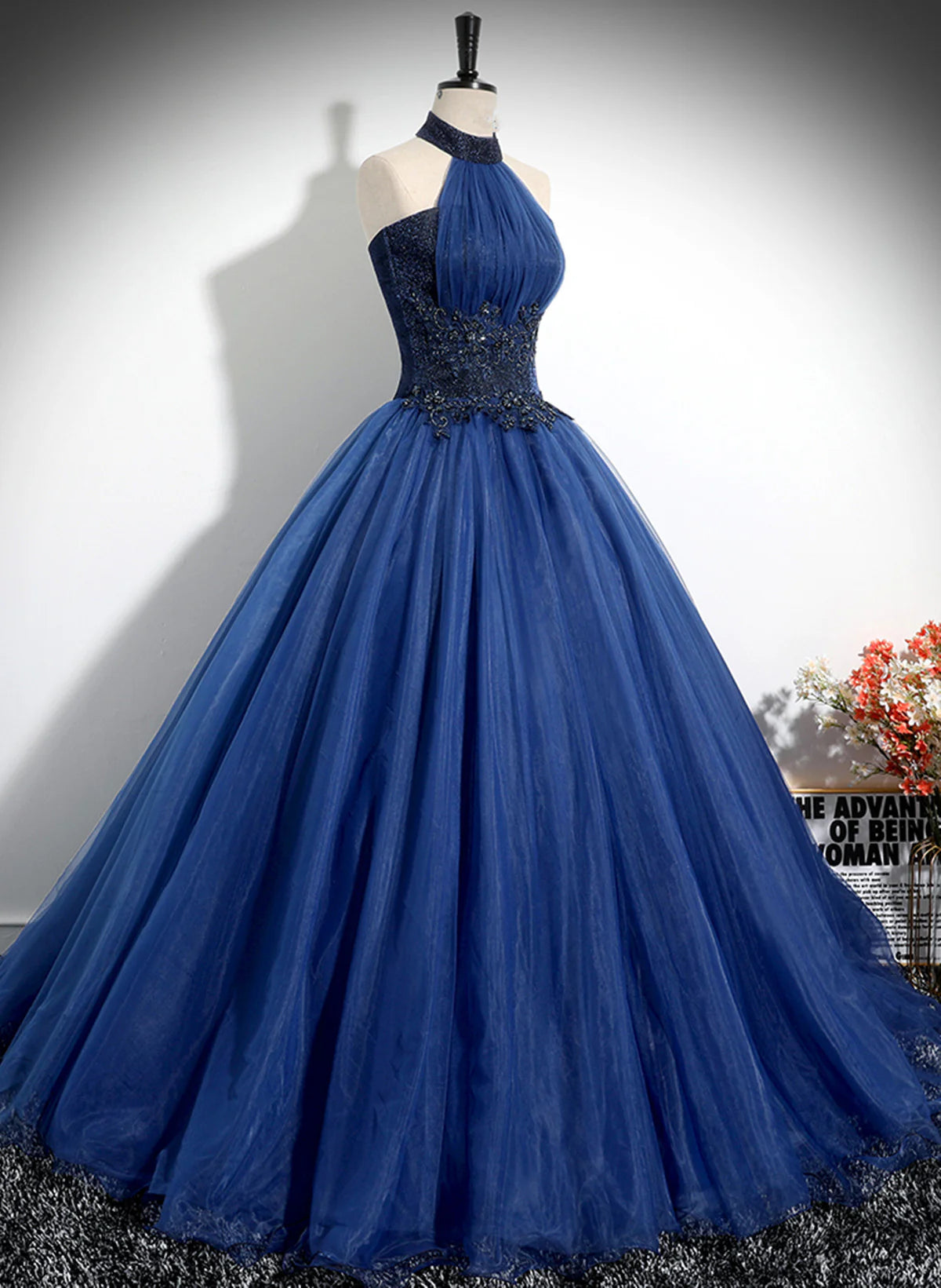 Navy Blue High Neckline Tulle Long Formal Dress, Navy Blue Ball Gown Party Dress TP1095