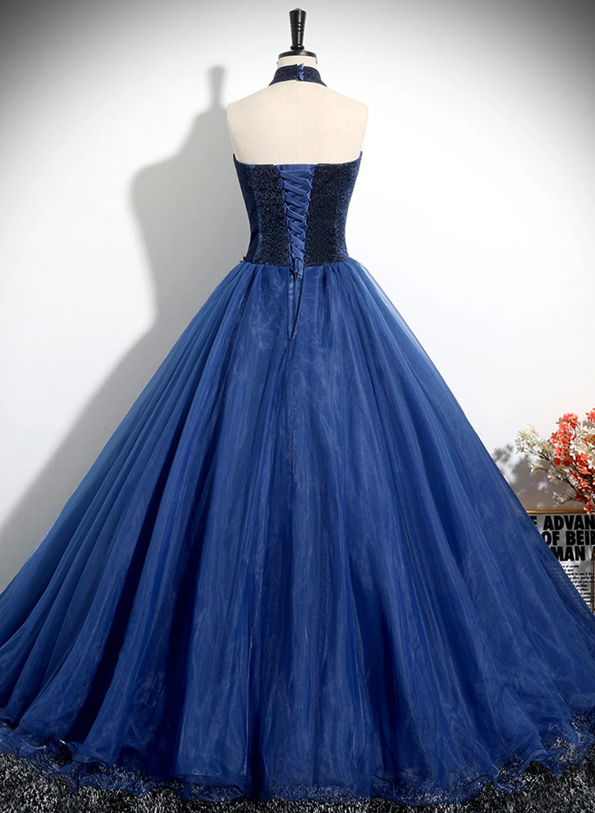 Navy Blue High Neckline Tulle Long Formal Dress, Navy Blue Ball Gown Party Dress TP1095