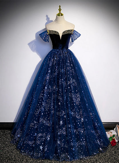 Lovely Navy Blue Tulle Off Shoulder Beaded Long Party Dress, Navy Blue Tulle Prom Dress TP1096