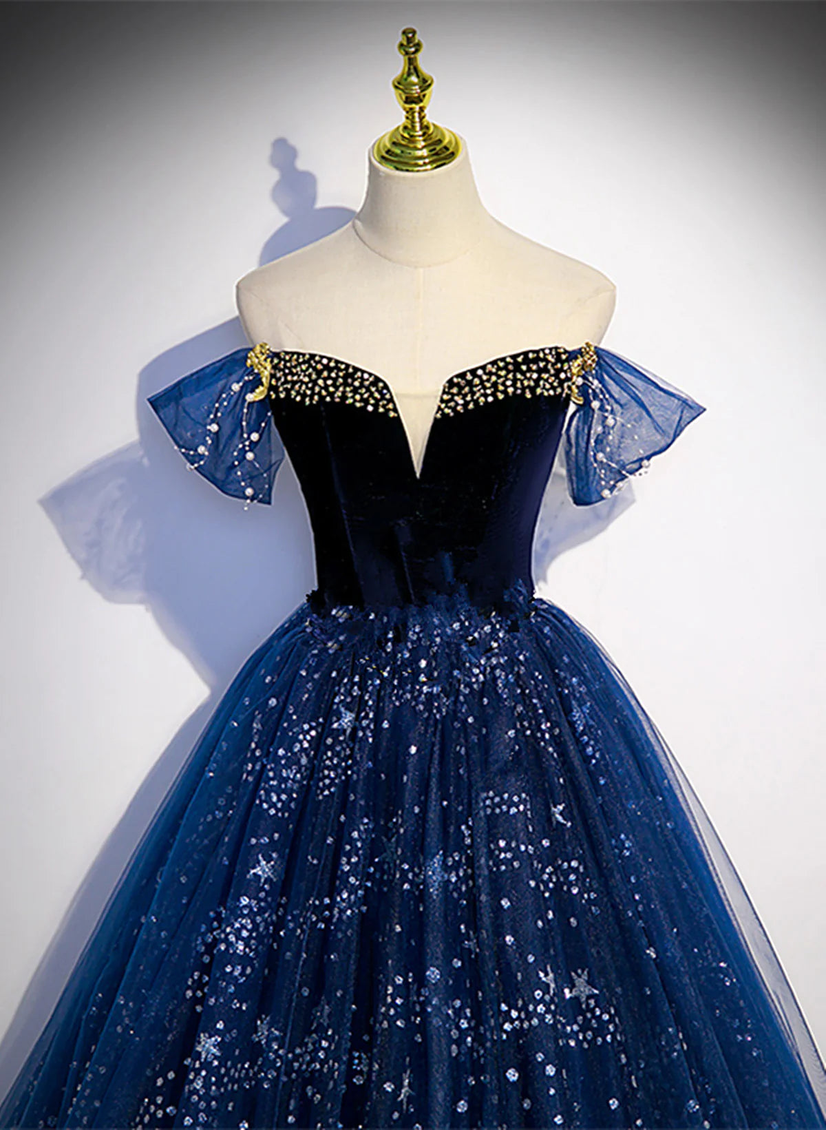 Lovely Navy Blue Tulle Off Shoulder Beaded Long Party Dress, Navy Blue Tulle Prom Dress TP1096