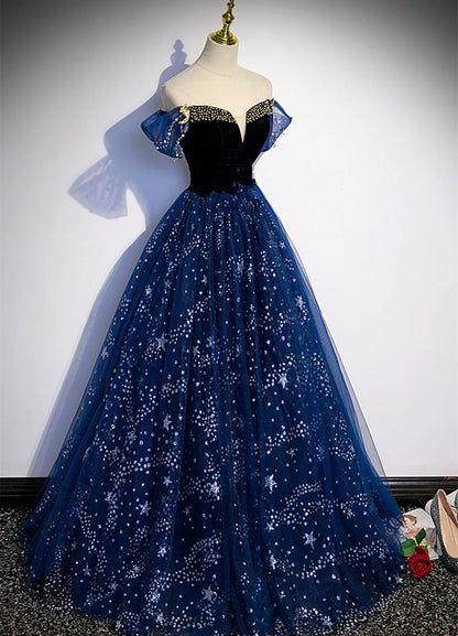 Lovely Navy Blue Tulle Off Shoulder Beaded Long Party Dress, Navy Blue Tulle Prom Dress TP1096