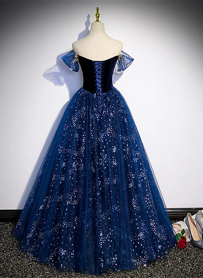 Lovely Navy Blue Tulle Off Shoulder Beaded Long Party Dress, Navy Blue Tulle Prom Dress TP1096