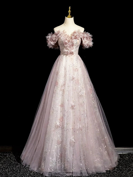 Dusty Pink Tulle Sequins Floor Length Prom Dress, Beautiful A-Line Evening Party Dress TP110