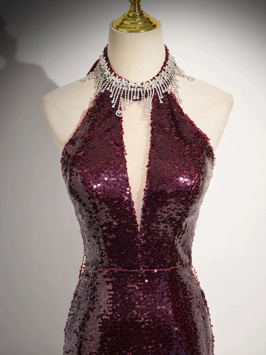 Burgundy Sequins Long Prom Dress, Mermaid Backless Evening Formal Dress TP111
