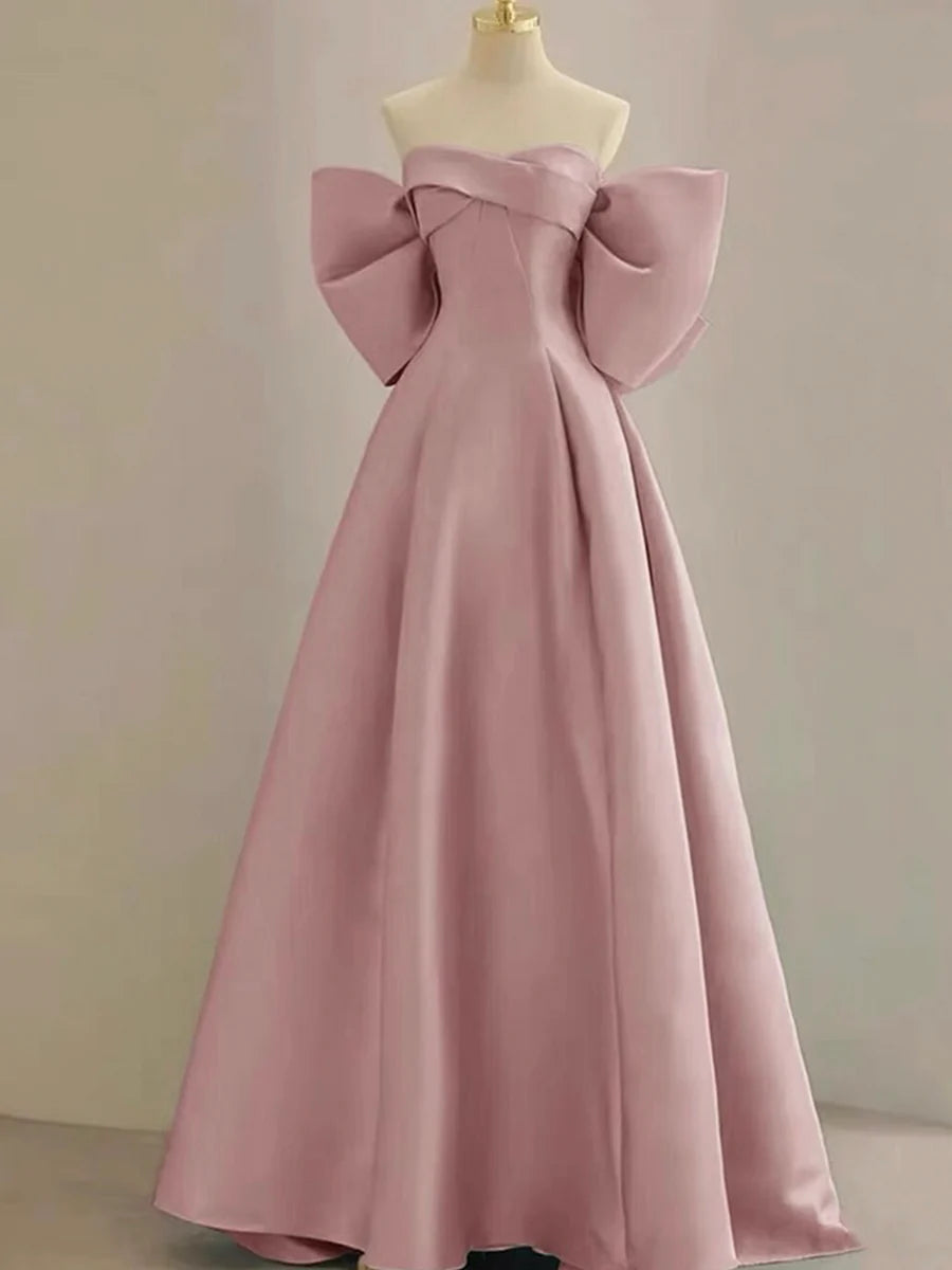 Pink Satin Floor Length Prom Dress, Off the Shoulder Evening Party Dress TP112