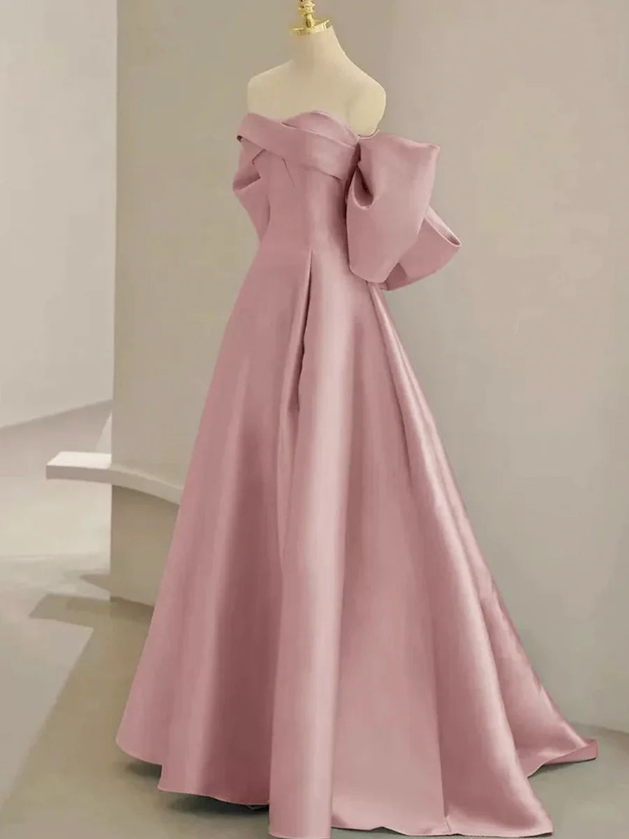 Pink Satin Floor Length Prom Dress, Off the Shoulder Evening Party Dress TP112