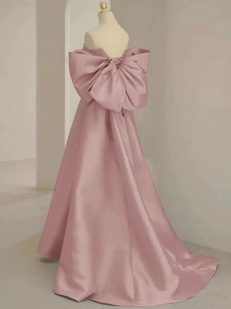 Pink Satin Floor Length Prom Dress, Off the Shoulder Evening Party Dress TP112