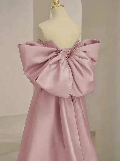 Pink Satin Floor Length Prom Dress, Off the Shoulder Evening Party Dress TP112