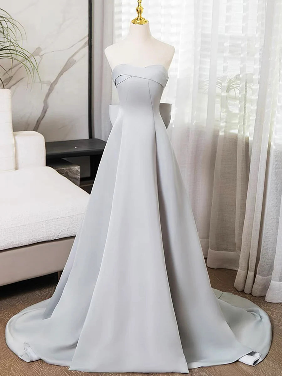 Gray Strapless Satin Long Prom Dress, Simple A-Line Evening Dress TP114