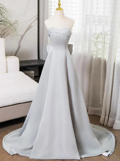 Gray Strapless Satin Long Prom Dress, Simple A-Line Evening Dress TP114