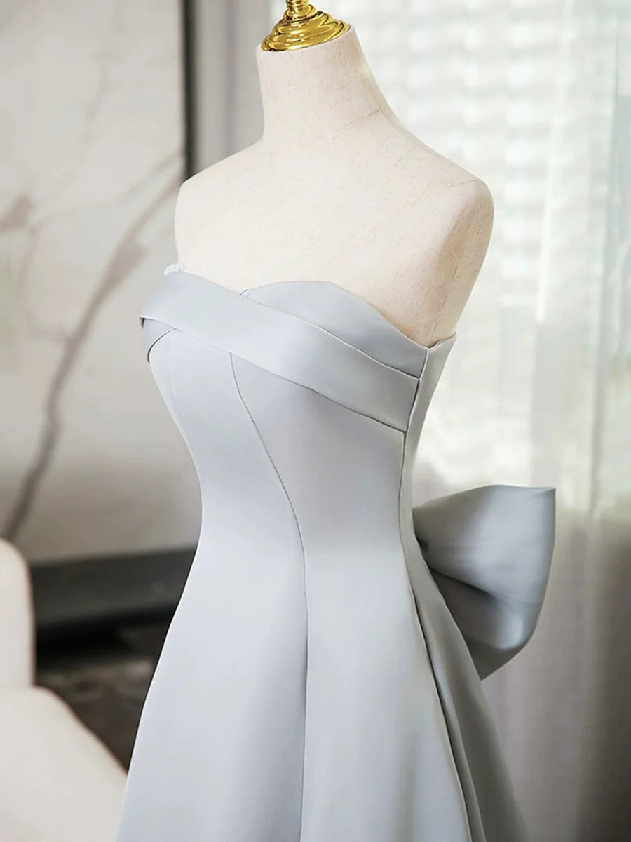 Gray Strapless Satin Long Prom Dress, Simple A-Line Evening Dress TP114