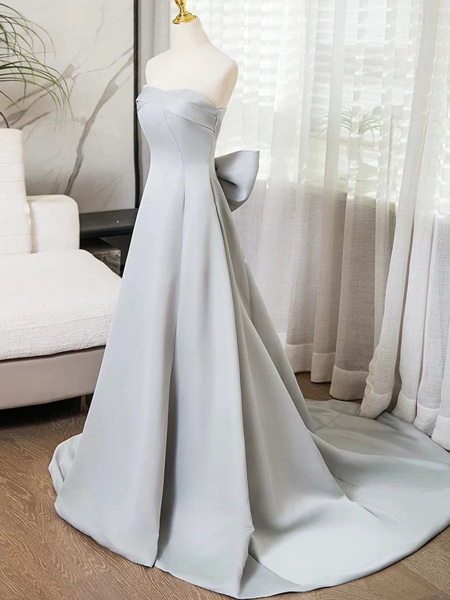 Gray Strapless Satin Long Prom Dress, Simple A-Line Evening Dress TP114