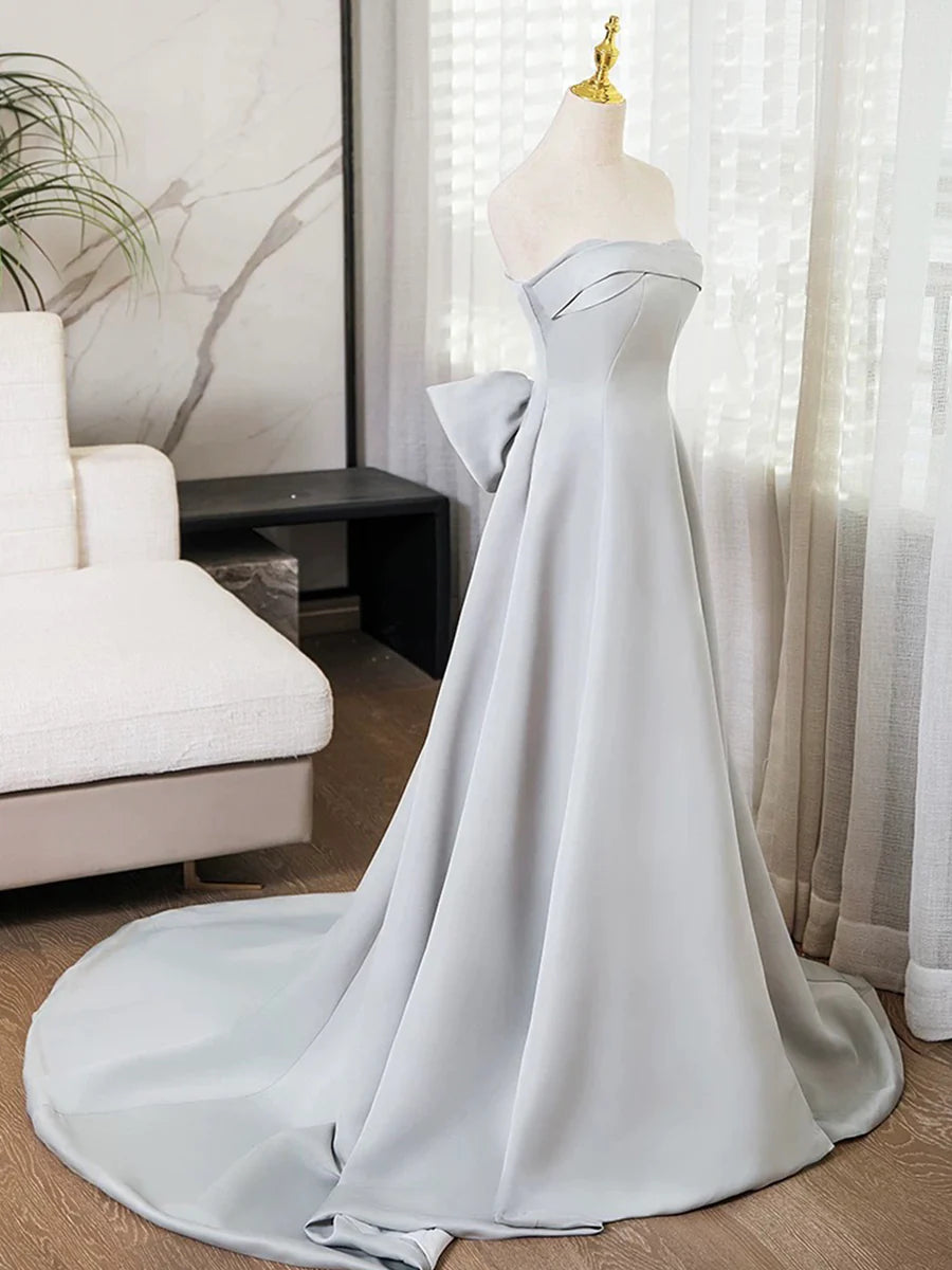 Gray Strapless Satin Long Prom Dress, Simple A-Line Evening Dress TP114